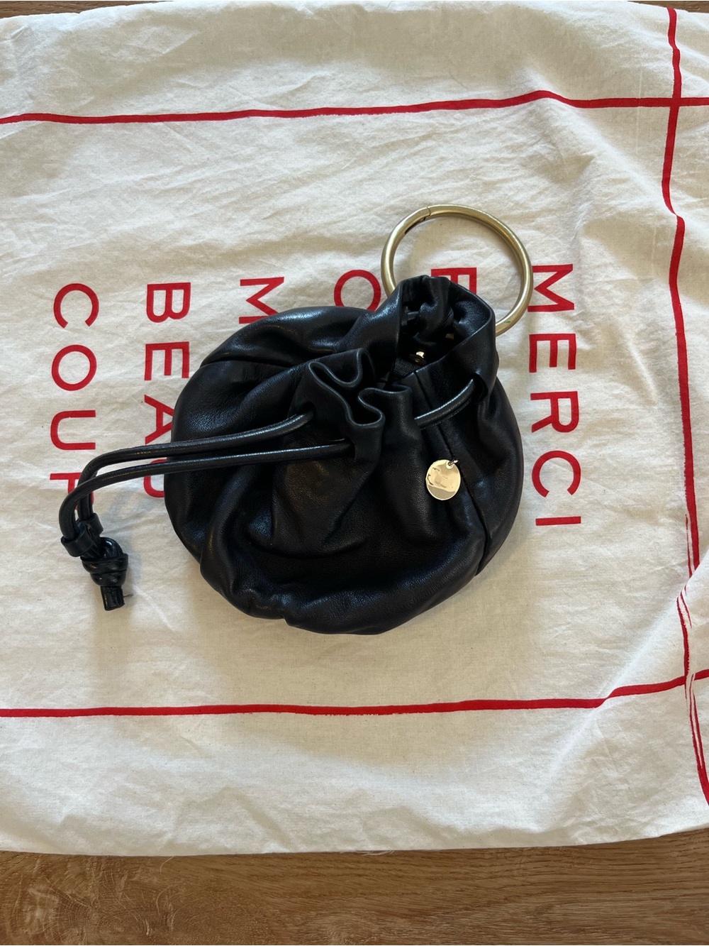 Clare v Grace Lee collab Black Drawstring Wristlet Bag with Gold Ring